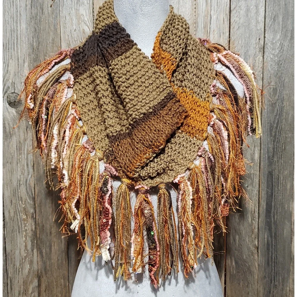 NEW Hand Knitted Boho Cowl Scarf Brown Orange Cottage‎ Cabin Artsy Indie Earthy